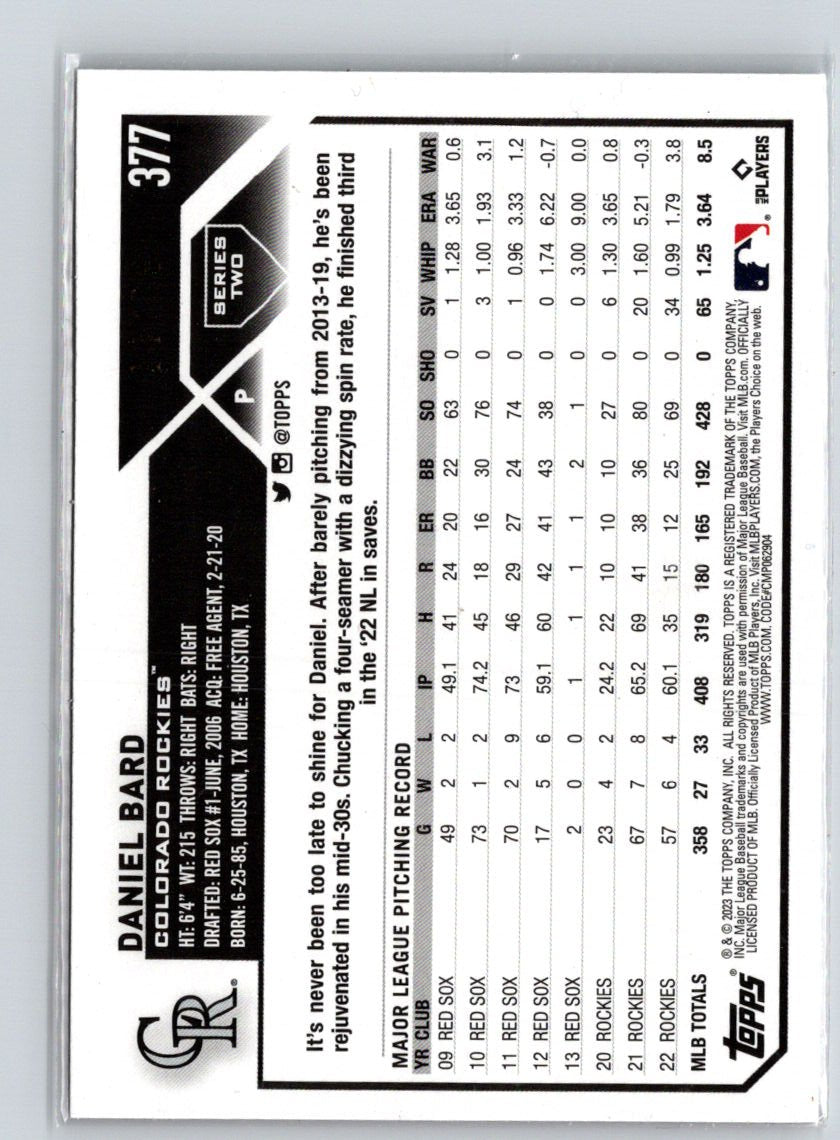 2023 Topps #377 Daniel Bard Gold Star N12