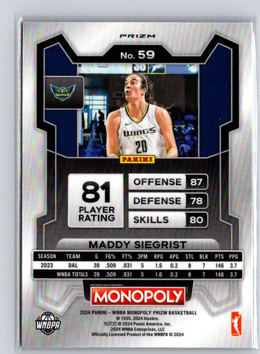 2024 Panini Prizm Monopoly WNBA #59 Maddy Siegrist Classic Icons Red Prizm N13