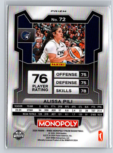 2024 Panini Prizm Monopoly WNBA #72 Alissa Pili Silver Prizms N18