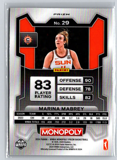 2024 Panini Prizm Monopoly WNBA #29 Marina Mabrey Classic Icons Red Prizm N20