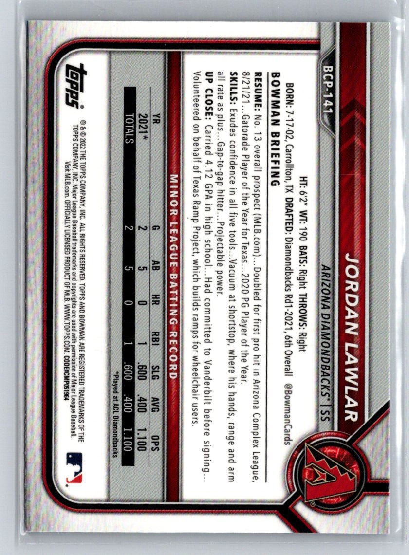 2022 Bowman #BCP-141 Jordan Lawlar Chrome Prospects Blue Sapphire Edition N24