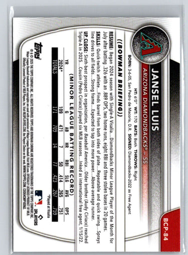 2025 Bowman #BCP-84 Jansel Luis Chrome Prospects Mojo Refractor N28