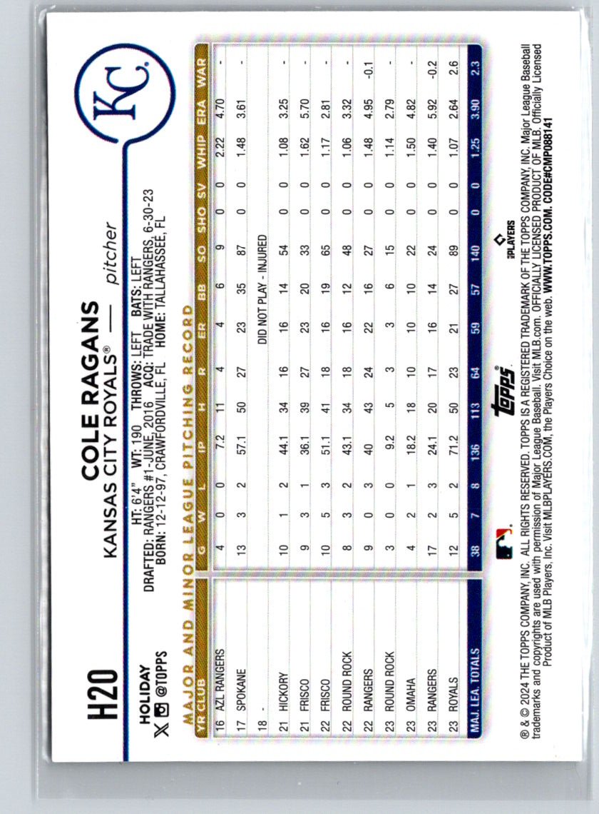 2024 Topps Holiday #H20 Cole Ragans Holiday Tree N29