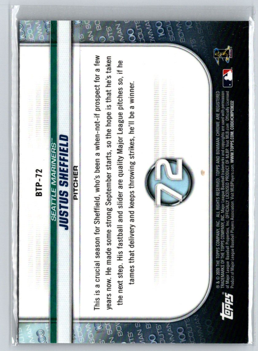 2020 Bowman #BTP-72 Justus Sheffield Chrome Bowman Scouts Top 100 N37