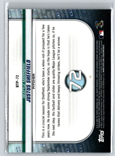 2020 Bowman #BTP-72 Justus Sheffield Chrome Bowman Scouts Top 100 N37