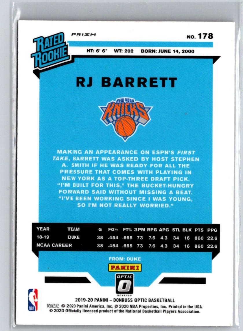 2019-20 Donruss Optic #178 RJ Barrett Hyper Pink N42