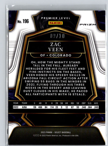 2023 Panini Select #196 Zac Veen Gold Prizm #/10 N46
