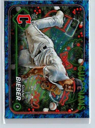 2024 Topps Holiday #H79 Shane Bieber Holiday Tree Blue Metallic N49