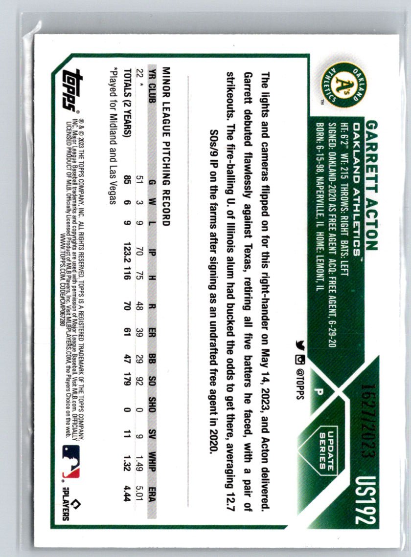 2023 Topps Update #US192 Garrett Acton Gold #/2023 N52