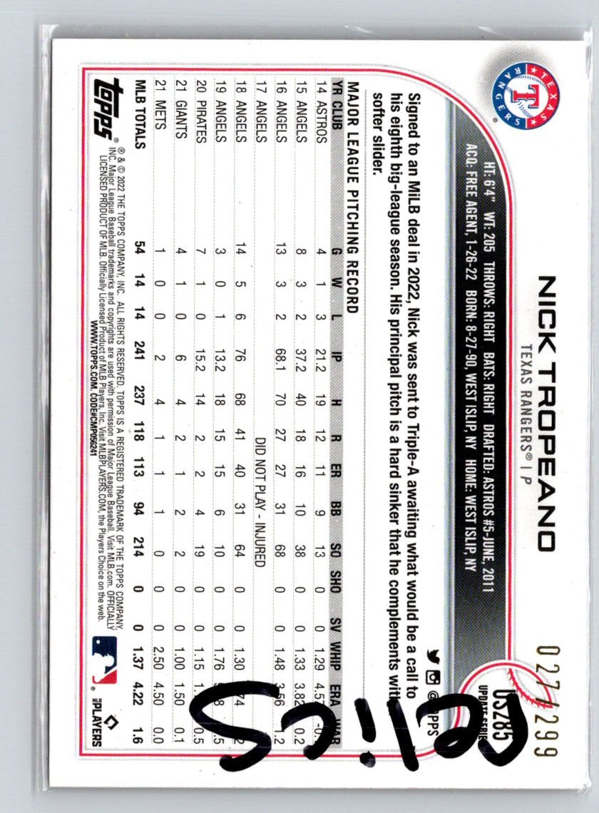 2022 Topps Update #US285 Nick Tropeano Orange Ice Foil #/299 N52