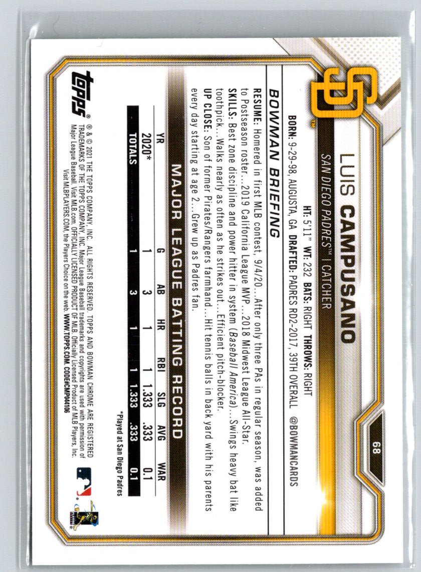 2021 Bowman #68 Luis Campusano Green #/99 N55