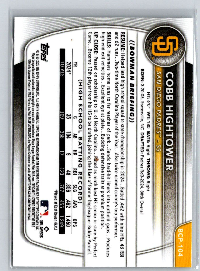 2025 Bowman #BCP-104 Cobb Hightower Chrome Prospects Mojo Refractor N59