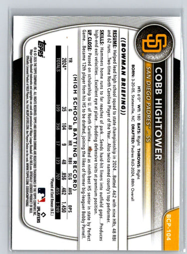 2025 Bowman #BCP-104 Cobb Hightower Chrome Prospects Mojo Refractor N59