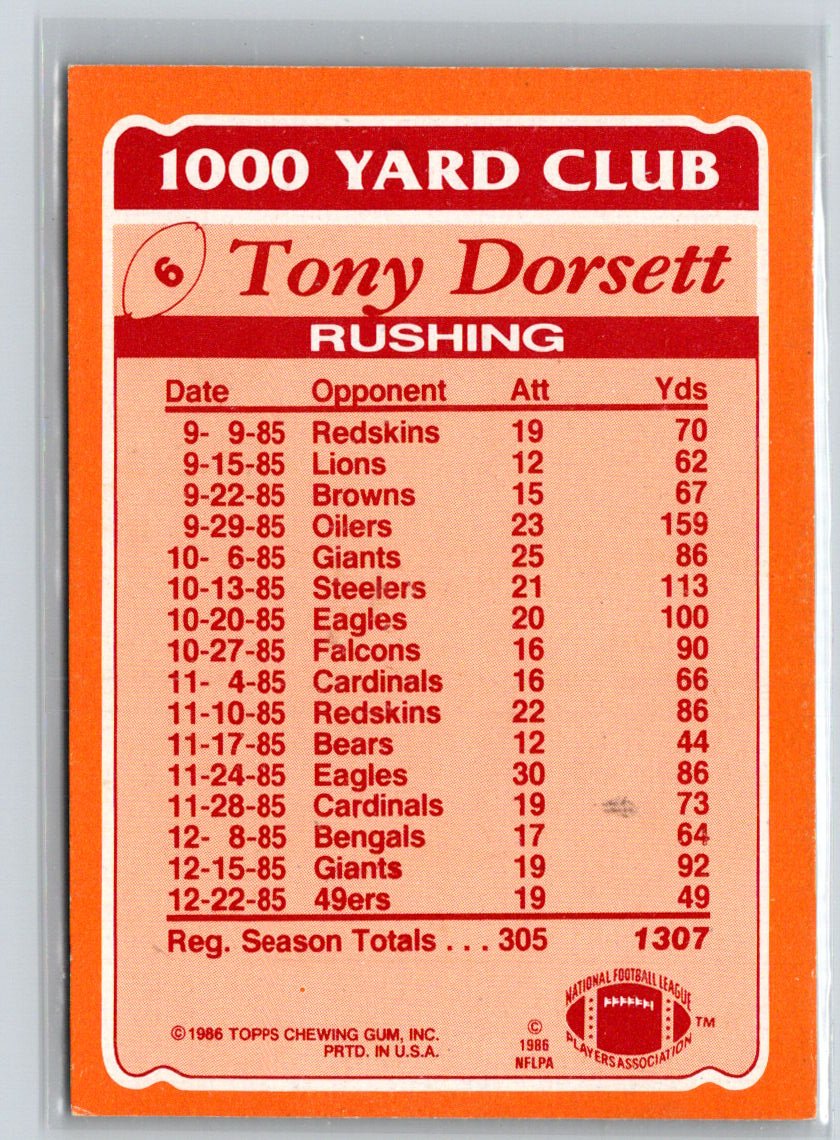 1986 Topps #6 Tony Dorsett 1000 Yard Club N59