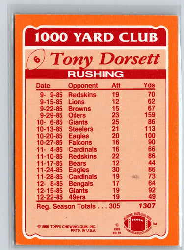 1986 Topps #6 Tony Dorsett 1000 Yard Club N59