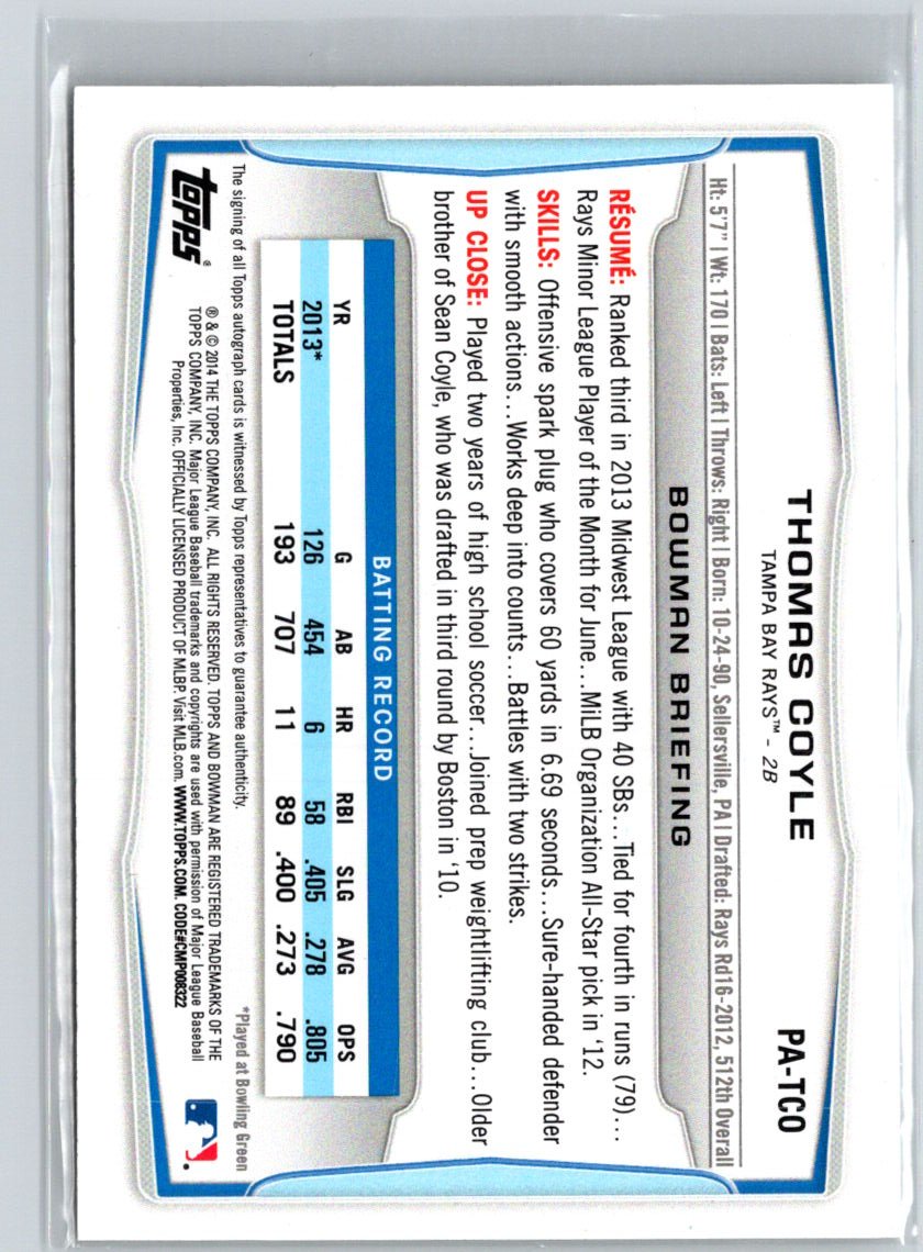 2014 Bowman #PA-TCO Thomas Coyle Prospect Autographs N59