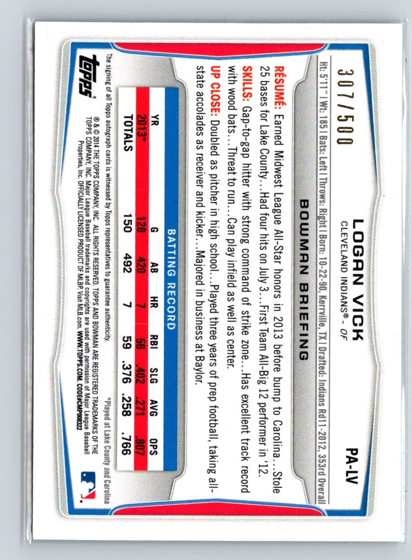 2014 Bowman #PA-LV Logan Vick Prospect Autographs Blue #/500 N62
