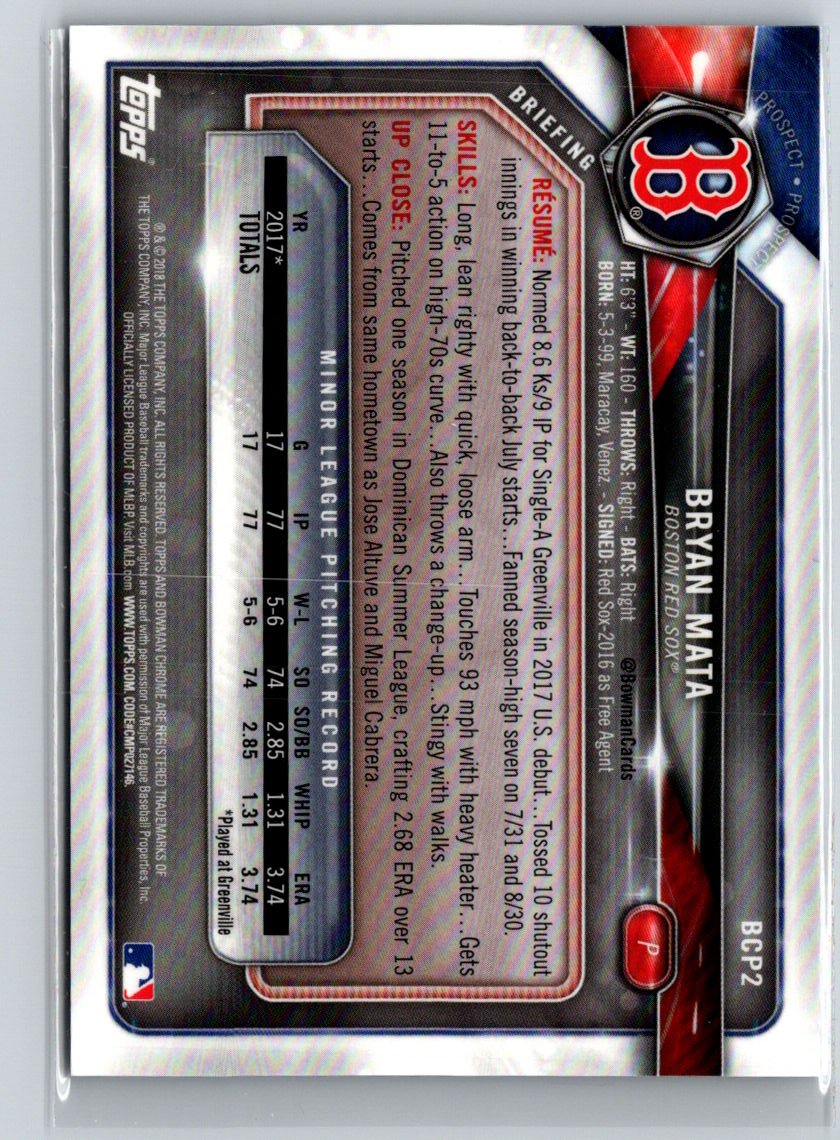 2018 1st Bowman #BCP2 Bryan Mata Chrome Prospects Blue Refractor #/150 N64