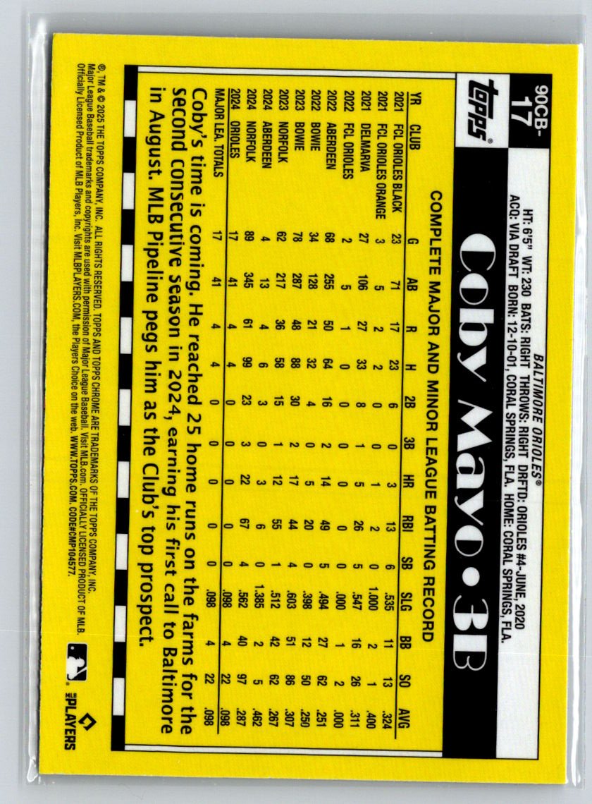 2025 Topps Chrome #90CB-17 Coby Mayo 1990 Topps Baseball 35th Anniversary N66