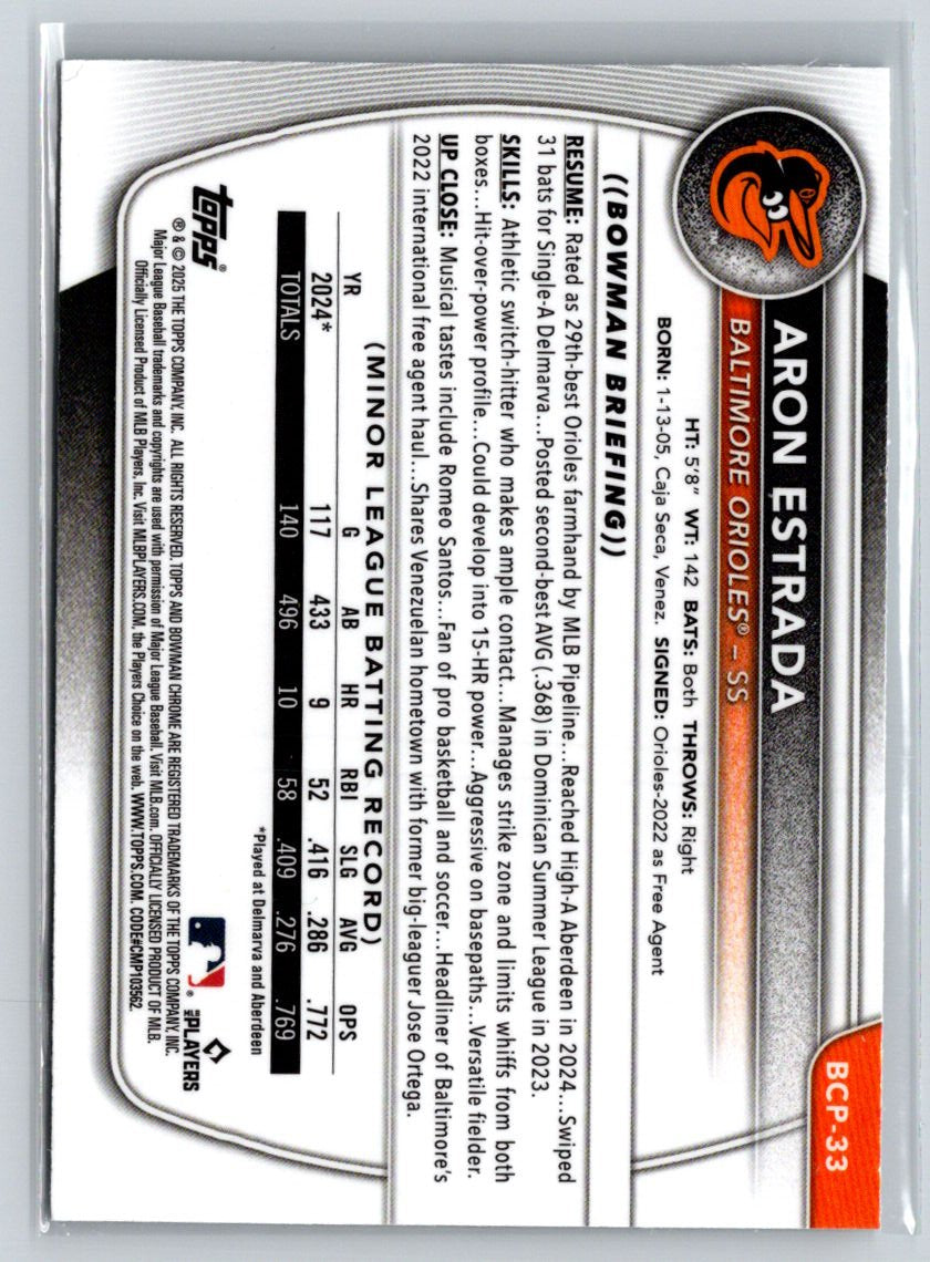 2025 Bowman #BCP-33 Aron Estrada Chrome Prospects Mojo Refractor N70