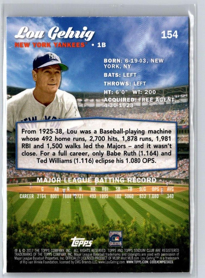 2017 Stadium Club #154 Lou Gehrig Sepia N70