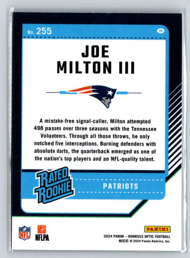 2024 Donruss Optic #255 Joe Milton III Blue Hyper N70