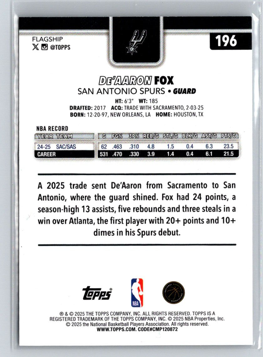 2025-26 Topps #196 De'Aaron Fox N70