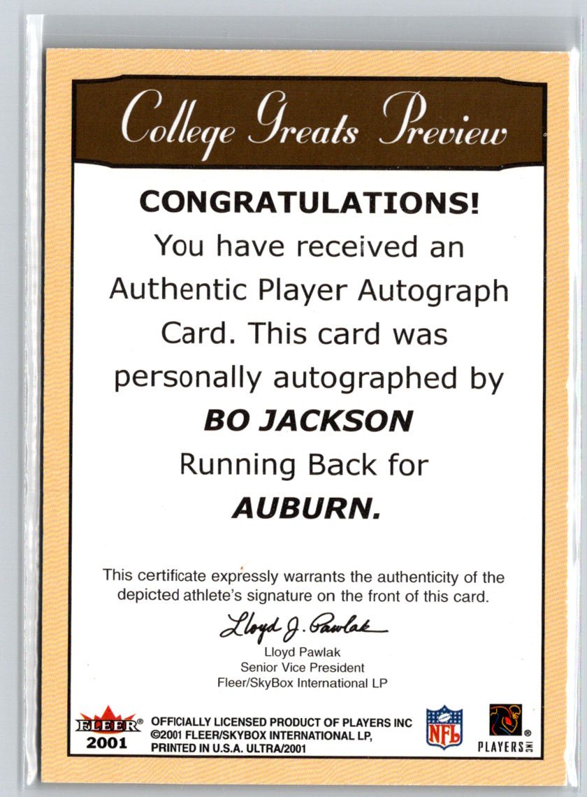 2001 Ultra #NNO Bo Jackson College Greats Previews Autographs R07