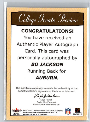 2001 Ultra #NNO Bo Jackson College Greats Previews Autographs R07