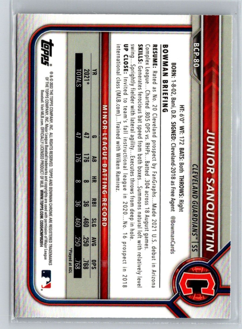 2022 Bowman - Chrome Prospects Mojo Refractors #BCP-80 Junior Sanquintin P01