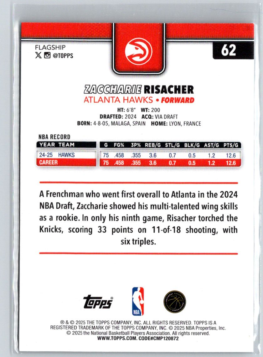 2025-26 Topps #62 Zaccharie Risacher P01