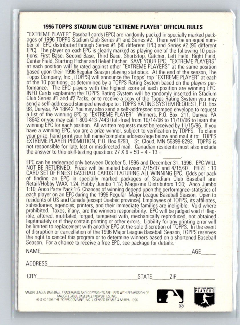 1996 Stadium Club #NNO Rafael Palmeiro Extreme Players Silver P04