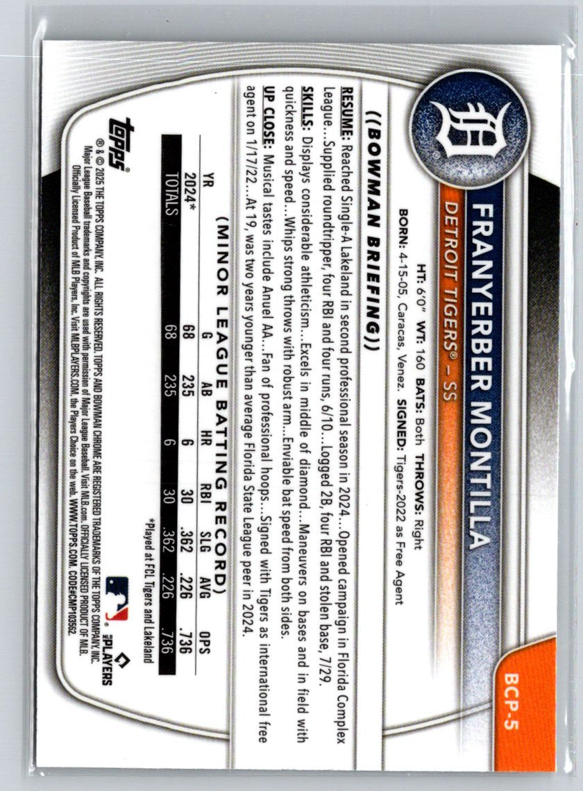 2025 Bowman #BCP-5 Franyerber Montilla Chrome Prospects Mojo Refractor P05