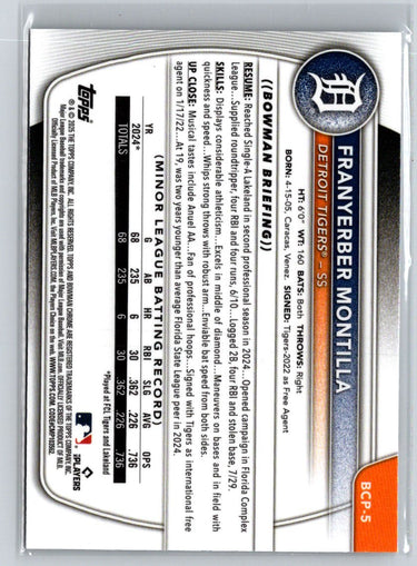 2025 Bowman #BCP-5 Franyerber Montilla Chrome Prospects Mojo Refractor P05