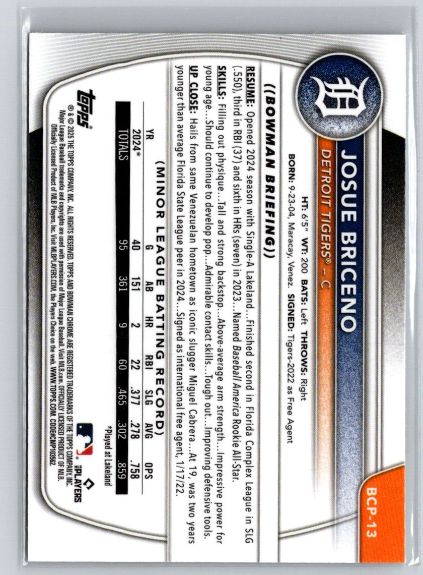 2025 Bowman #BCP-13 Josue Briceno Chrome Prospects Mojo Refractor P06
