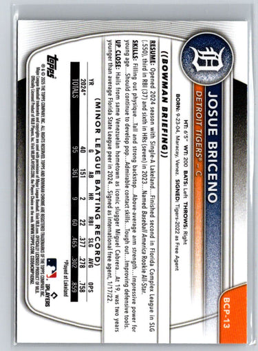2025 Bowman #BCP-13 Josue Briceno Chrome Prospects Mojo Refractor P06