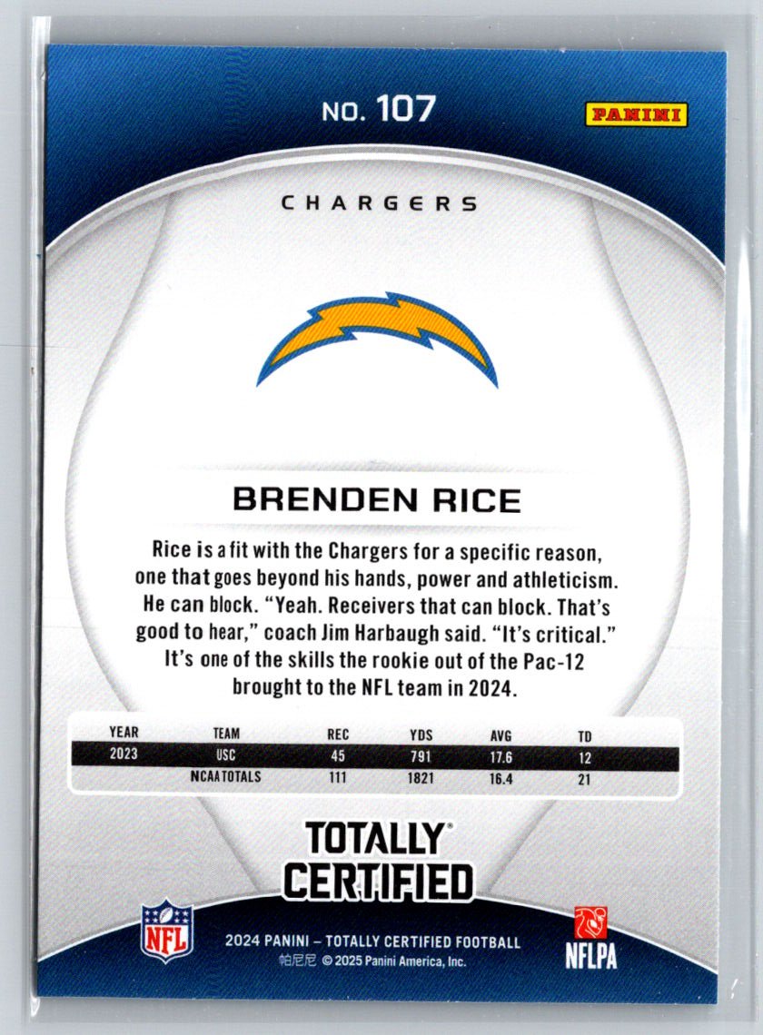 2024 Panini Totally Certified #107 Brenden Rice P06