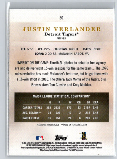2017 Topps Gold Label #30 Justin Verlander Class 2 P09