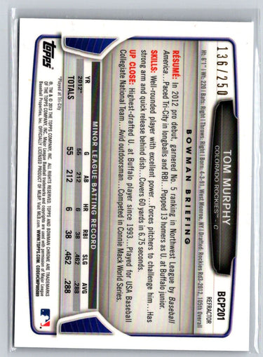 2013 Bowman Chrome #BCP201 Tom Murphy Prospects Blue Refractors #/250 P09