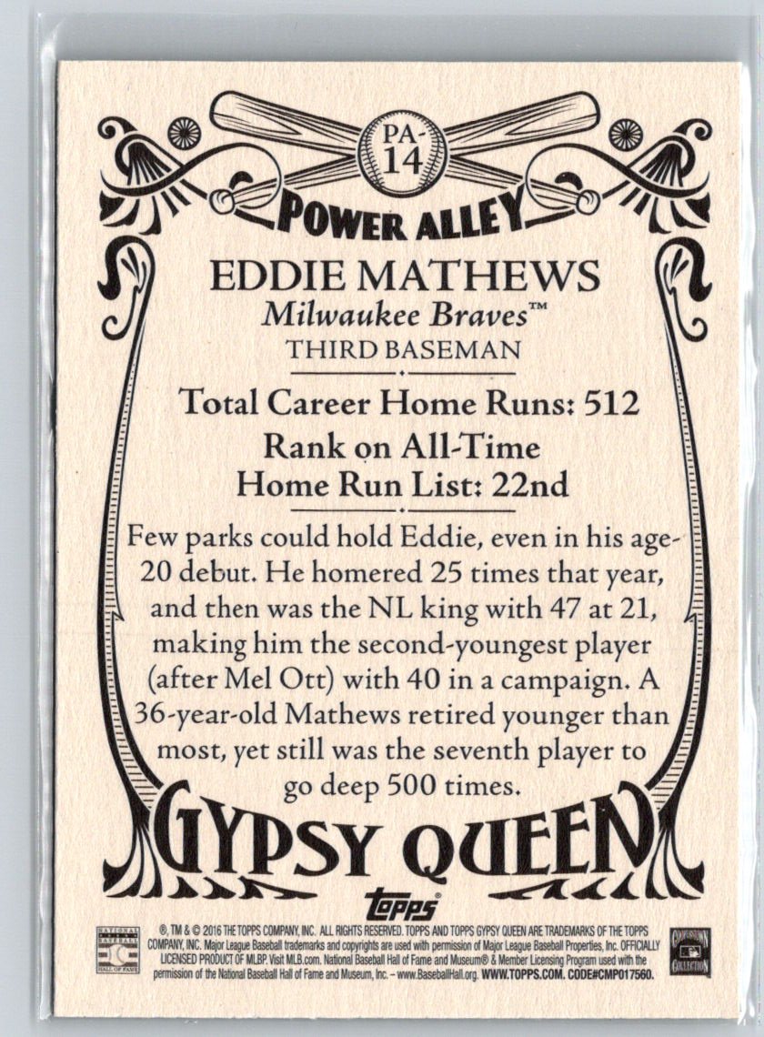 2016 Topps Gypsy Queen #PA-14 Eddie Mathews Power Alley P09
