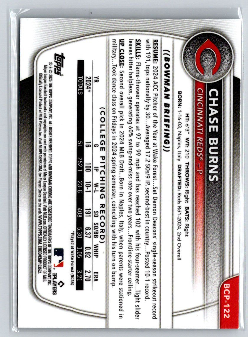 2025 Bowman #BCP-122 Chase Burns Chrome Prospects Mojo Refractor P11