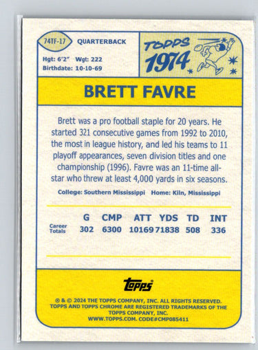2024 Topps Chrome #74TF-17 Brett Favre 1974 Topps Football P14
