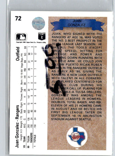 1990 Upper Deck #72 Juan Gonzalez P14