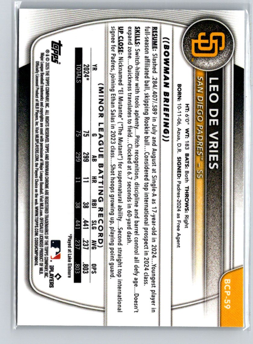 2025 Bowman #BCP-59 Leo De Vries Chrome Prospects P15