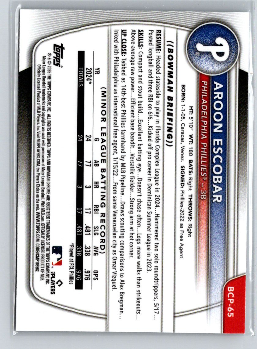 2025 Bowman #BCP-65 Aroon Escobar Chrome Prospects Mojo Refractor P21