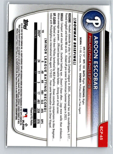 2025 Bowman #BCP-65 Aroon Escobar Chrome Prospects Mojo Refractor P21