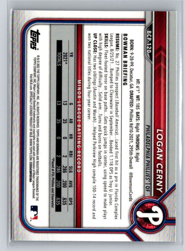 2022 Bowman Sapphire Edition #BCP-120 Logan Cerny P22