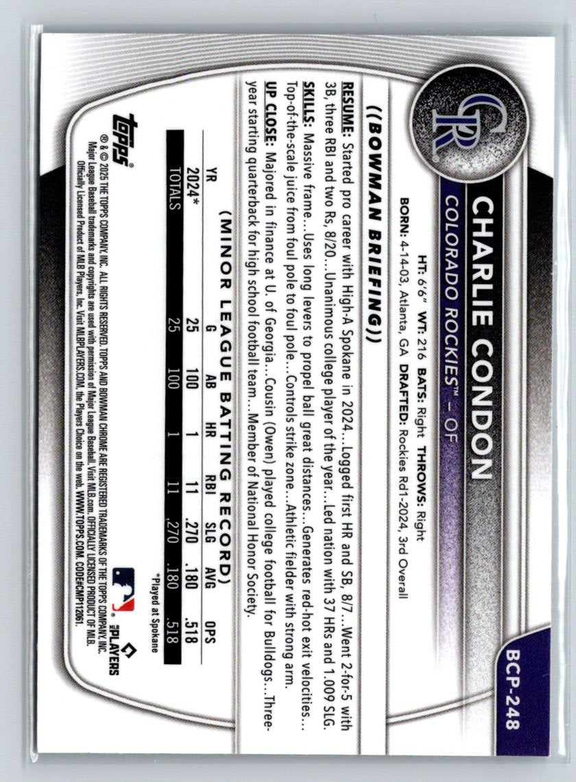2025 Bowman Chrome #BCP-248 Charlie Condon Prospects P22