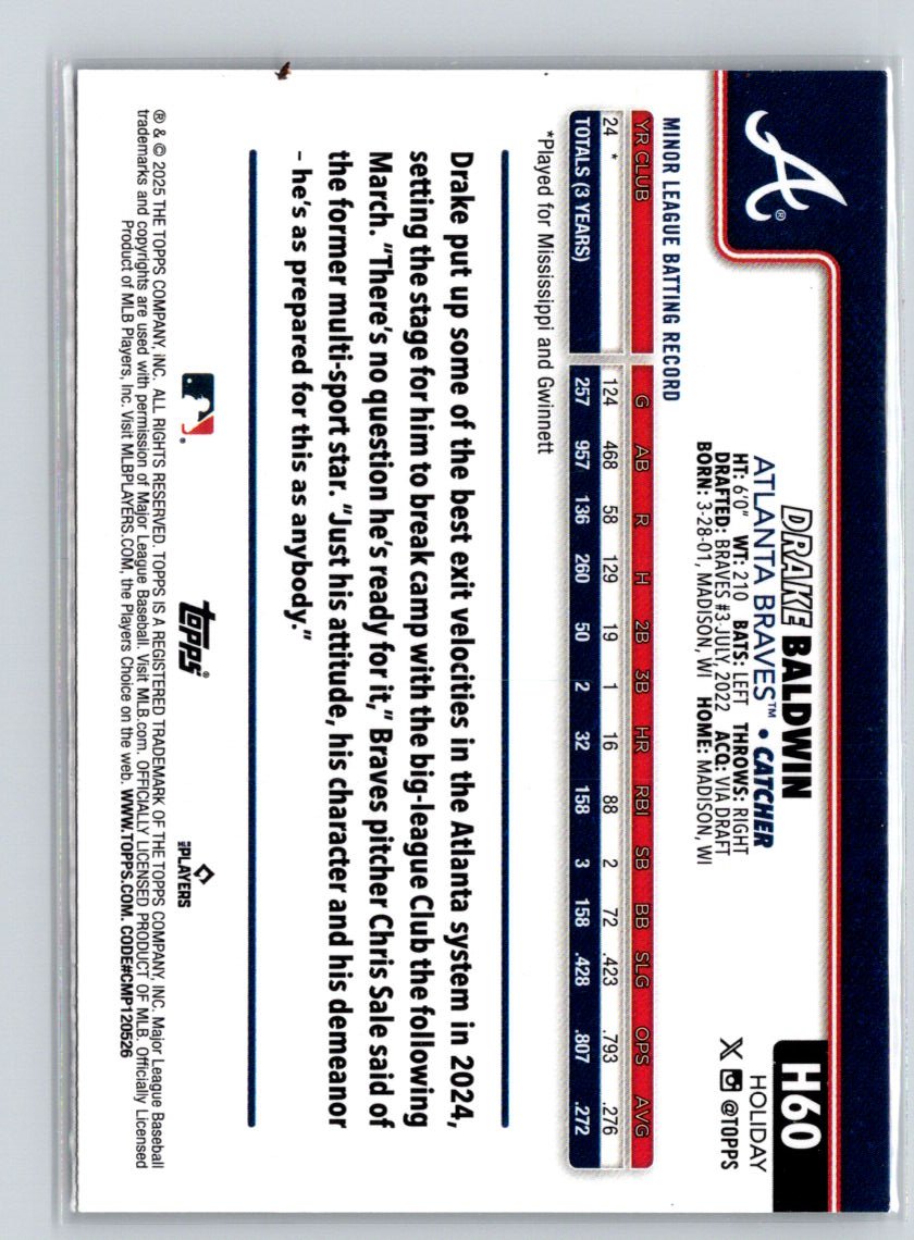 2025 Topps Update #US87 Drake Baldwin Holiday P23