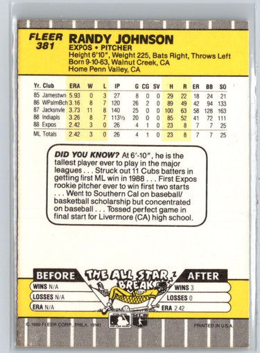 1989 Fleer #381 Randy Johnson RC Card P26